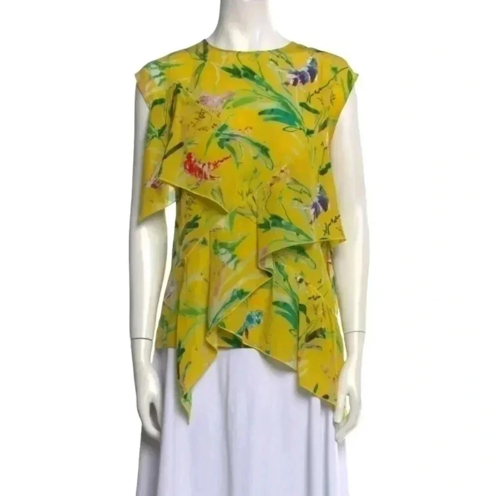 No. 21 x Kartell Silk Yellow Multicolored Birds Sleeveless Blouse